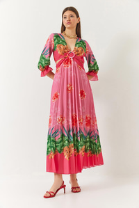 Pencere Detaylı V Yaka Piliseli Desenli Elbise 22254 60261436 - Pembe