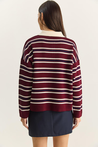Polo Yaka Çizgili Basic Triko Kazak 20258061 - Bordo KAZAK modelleri