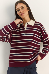 Polo Yaka Çizgili Basic Triko Kazak 20258061 - Bordo KAZAK modelleri
