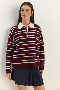 Polo Yaka Çizgili Basic Triko Kazak 20258061 - Bordo KAZAK modelleri
