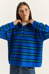 Polo Yaka Çizgili Basic Triko Kazak 20258061 - Saks KAZAK modelleri