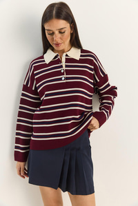 Polo Yaka Çizgili Basic Triko Kazak 20258061 - Bordo KAZAK modelleri