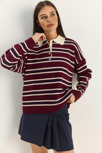 Polo Yaka Çizgili Basic Triko Kazak 20258061 - Bordo KAZAK modelleri