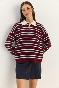 Polo Yaka Çizgili Basic Triko Kazak 20258061 - Bordo KAZAK modelleri