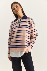 Polo Yaka Çizgili Basic Triko Kazak 20258061 - Pembe KAZAK modelleri