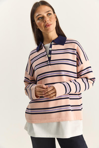 Polo Yaka Çizgili Basic Triko Kazak 20258061 - Pembe KAZAK modelleri