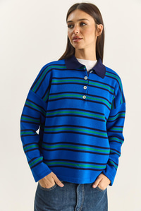 Polo Yaka Çizgili Basic Triko Kazak 20258061 - Saks KAZAK modelleri