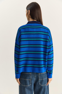 Polo Yaka Çizgili Basic Triko Kazak 20258061 - Saks KAZAK modelleri