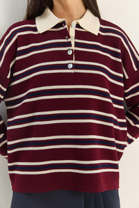 Polo Yaka Çizgili Basic Triko Kazak 20258061 - Bordo KAZAK modelleri