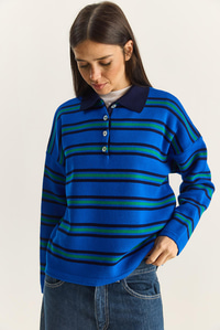 Polo Yaka Çizgili Basic Triko Kazak 20258061 - Saks KAZAK modelleri
