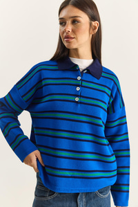 Polo Yaka Çizgili Basic Triko Kazak 20258061 - Saks KAZAK modelleri