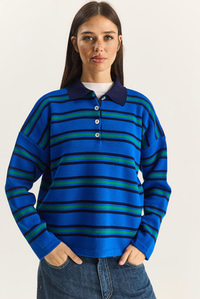 Polo Yaka Çizgili Basic Triko Kazak 20258061 - Saks KAZAK modelleri