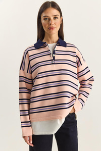 Polo Yaka Çizgili Basic Triko Kazak 20258061 - Pembe KAZAK modelleri
