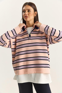 Polo Yaka Çizgili Basic Triko Kazak 20258061 - Pembe KAZAK modelleri