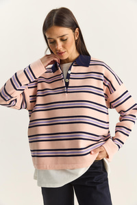 Polo Yaka Çizgili Basic Triko Kazak 20258061 - Pembe KAZAK modelleri