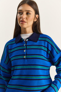 Polo Yaka Çizgili Basic Triko Kazak 20258061 - Saks KAZAK modelleri