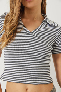 Polo Yaka Çizgili Kaşkorse Crop Basic T-Shirt 60284011 - Gri-Beyaz