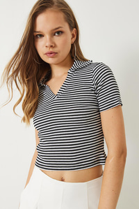 Polo Yaka Çizgili Kaşkorse Crop Basic T-Shirt 60284011 - Siyah-Beyaz