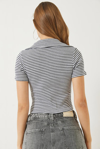 Polo Yaka Çizgili Kaşkorse Crop Basic T-Shirt 60284011 - Gri-Beyaz