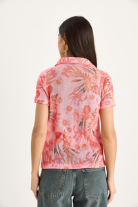 Polo Yaka Desenli Dijital Baskılı Regular Yazlık Örme Bluz 60282016 - Pembe