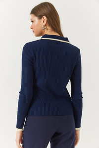 Polo Yaka Fitilli Şerit Detaylı Mevsimlik Uzun Kollu Triko Bluz 60261446 - Lacivert-Ekru