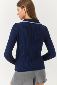 Polo Yaka Fitilli Şerit Detaylı Mevsimlik Uzun Kollu Triko Bluz 60261446 - Lacivert-Gri