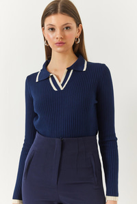Polo Yaka Fitilli Şerit Detaylı Mevsimlik Uzun Kollu Triko Bluz 60261446 - Lacivert-Ekru