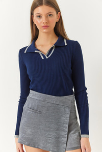 Polo Yaka Fitilli Şerit Detaylı Mevsimlik Uzun Kollu Triko Bluz 60261446 - Lacivert-Gri