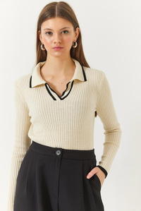 Polo Yaka Fitilli Şerit Detaylı Mevsimlik Uzun Kollu Triko Bluz 60261446 - Ekru-Siyah