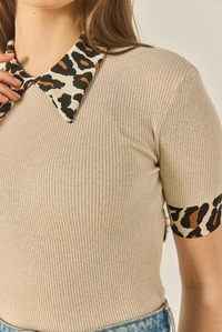 Polo Yaka Leopar Detaylı Fitilli Örme Bluz 2470 60284047 - Bej