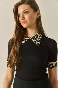 Polo Yaka Leopar Detaylı Fitilli Örme Bluz 2470 60284047 - Siyah