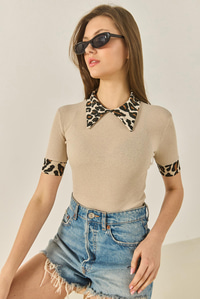 Polo Yaka Leopar Detaylı Fitilli Örme Bluz 2470 60284047 - Bej