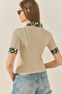 Polo Yaka Leopar Detaylı Fitilli Örme Bluz 2470 60284047 - Bej