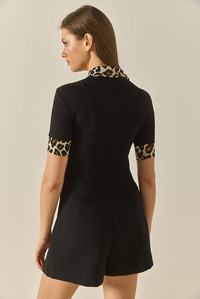 Polo Yaka Leopar Detaylı Fitilli Örme Bluz 2470 60284047 - Siyah