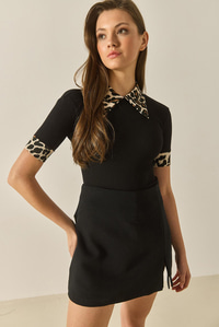 Polo Yaka Leopar Detaylı Fitilli Örme Bluz 2470 60284047 - Siyah
