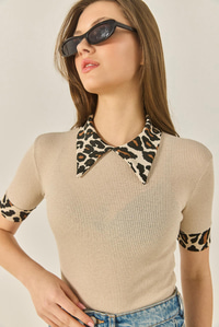 Polo Yaka Leopar Detaylı Fitilli Örme Bluz 2470 60284047 - Bej