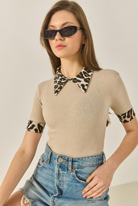Polo Yaka Leopar Detaylı Fitilli Örme Bluz 2470 60284047 - Bej