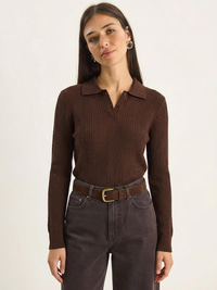 Polo Yaka Patlı Regular Fit Triko Kazak 20258063 - Kahverengi KAZAK modelleri