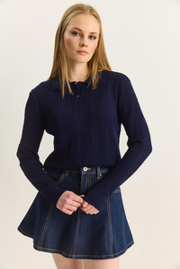 Polo Yaka Patlı Regular Fit Triko Kazak 20258063 - Lacivert KAZAK modelleri