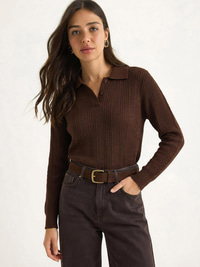 Polo Yaka Patlı Regular Fit Triko Kazak 20258063 - Kahverengi KAZAK modelleri