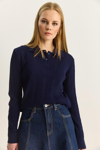 Polo Yaka Patlı Regular Fit Triko Kazak 20258063 - Lacivert KAZAK modelleri
