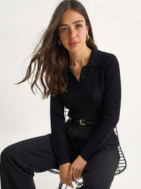 Polo Yaka Patlı Regular Fit Triko Kazak 20258063 - Siyah KAZAK modelleri