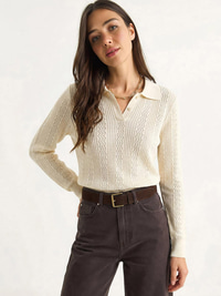Polo Yaka Patlı Regular Fit Triko Kazak 20258063 - Krem KAZAK modelleri