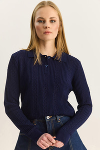 Polo Yaka Patlı Regular Fit Triko Kazak 20258063 - Lacivert KAZAK modelleri