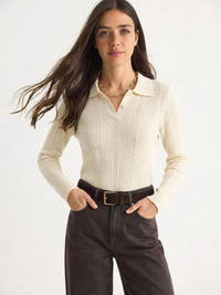 Polo Yaka Patlı Regular Fit Triko Kazak 20258063 - Krem KAZAK modelleri