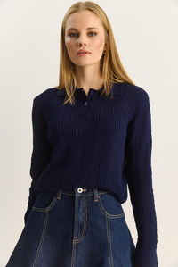 Polo Yaka Patlı Regular Fit Triko Kazak 20258063 - Lacivert KAZAK modelleri