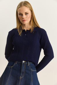 Polo Yaka Patlı Regular Fit Triko Kazak 20258063 - Lacivert KAZAK modelleri