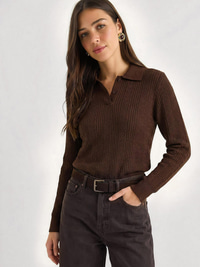 Polo Yaka Patlı Regular Fit Triko Kazak 20258063 - Kahverengi KAZAK modelleri