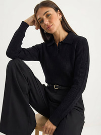 Polo Yaka Patlı Regular Fit Triko Kazak 20258063 - Siyah KAZAK modelleri
