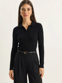 Polo Yaka Patlı Regular Fit Triko Kazak 20258063 - Siyah KAZAK modelleri
